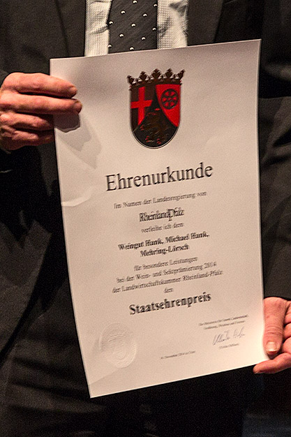 Staatsehrenpreis 2014: Ehrenurkunde Weingut Hank